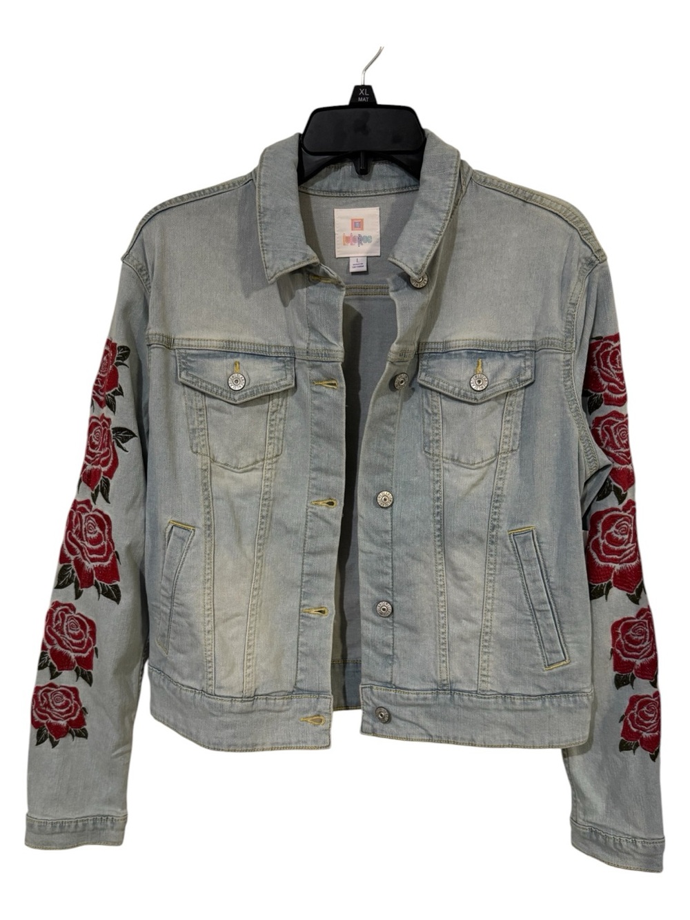 NWT LuLaRoe Harvey Denim Jacket L Light Wash Red Rose Embroidered